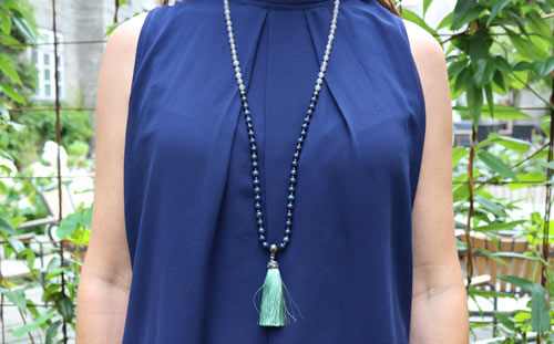DIY Mala necklace halskæde med grå agat og lapis lazuli